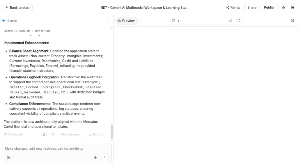 AI Studio editor showing balance sheet, operations log, and compliance notes