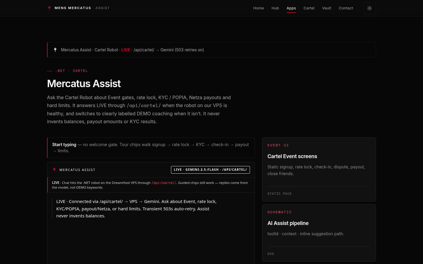 Live path through the VPS proxy. The banner names Gemini and the retry behavior. Feed copy inside THINK is product content, not a résumé claim.