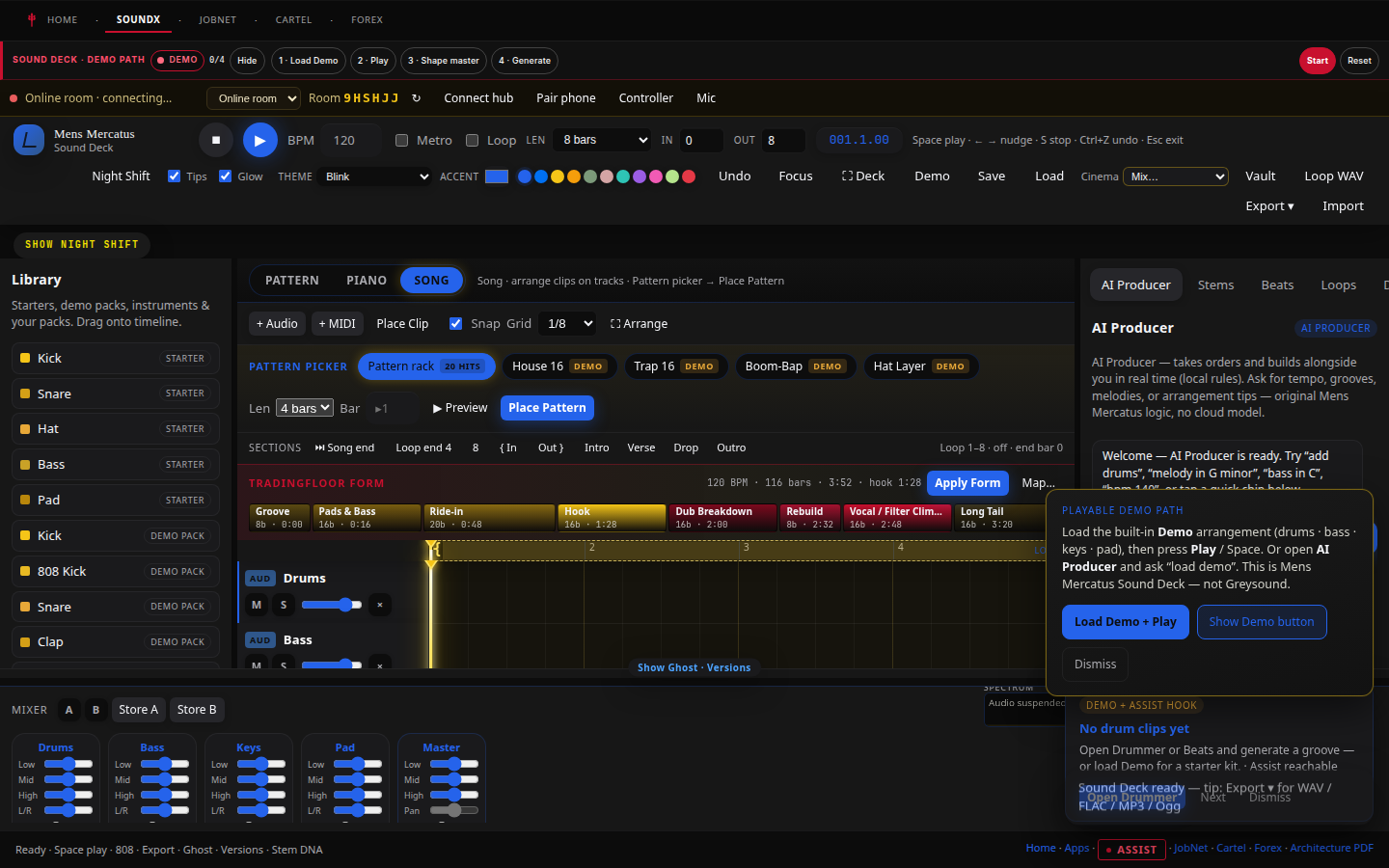 The public studio: demo path, transport, mixer, and the AI Producer panel.